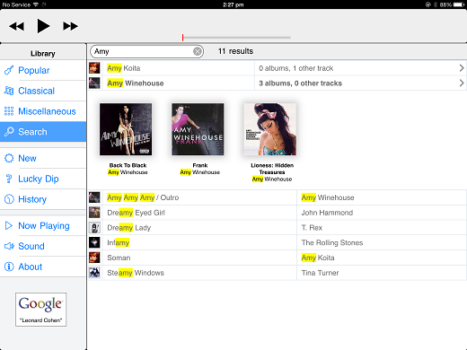 Thumbnail: Search (has found two artists, three albums, and six other tracks)