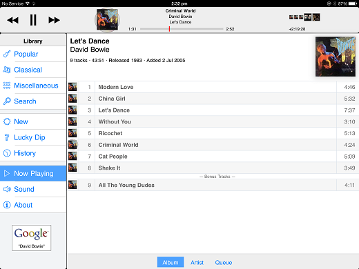 Thumbnail: Now Playing: Album (current and queued tracks are animated)