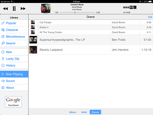 Thumbnail: Now Playing: Queue (what's coming next: three tracks, two albums)