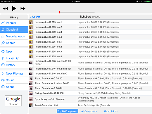 Thumbnail: All pieces for a composer (showing name of piece and album)